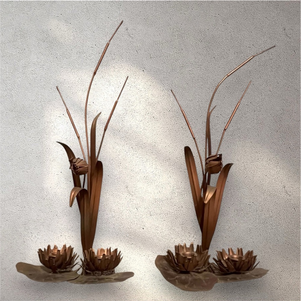 1950’s Tole Lotus, Lilly Pad, Cattail Wall Sculptures Candle Holders Sconce